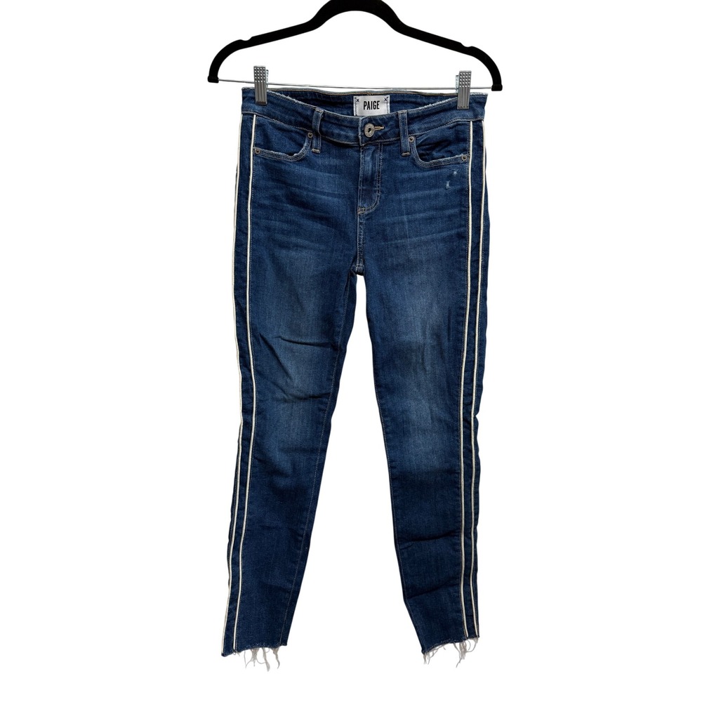 Paige Verdugo Ankle Skinny Jeans 27 Blue Side Stripe Raw Hem Distressed Made USA